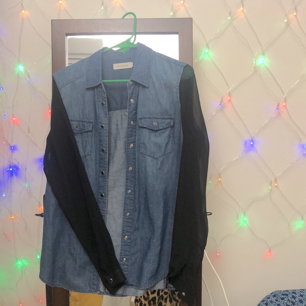 Jean shirt with translucent black sleeves. Retro